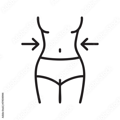 Line art illustration depicting a female body with arrows indicating waist reduction symbolizing weight loss or dieting