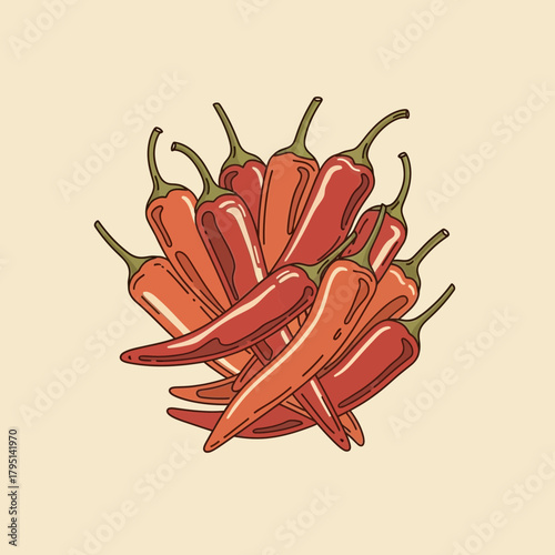 Stylized illustration of a pile of vibrant, colorful chili peppers