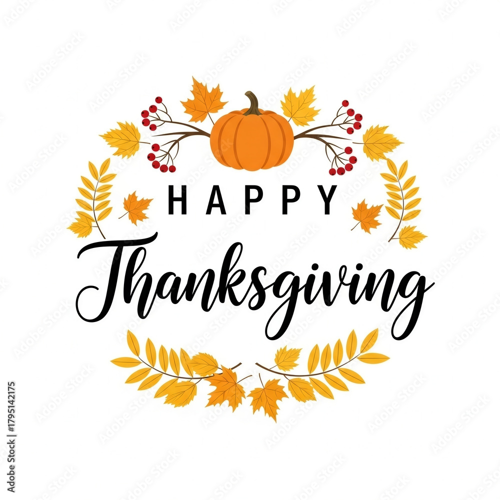 Obraz premium Decorative Happy Thanksgiving artwork with handwritten lettering, fall foliage and berries arranged around a pumpkin, ideal for social media holiday announcements