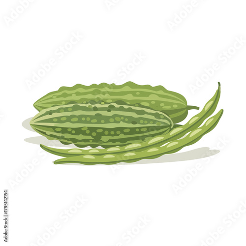 Vector Illustration of Green Bitter Melons and Green Beans Isolated on White