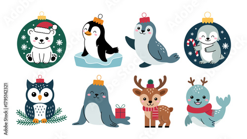 Festive Animal Ornaments: Adorable animal ornaments, each adorned with festive hats and accessories, are ready to bring joy. The ornaments feature a range of animals including a polar bear, penguin.