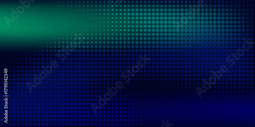 halftone with blue-green gradation, abstract background pattern, neon light reflecting walls and floors, dark colors, and feel the speed of digital technology connected with blue-green background.