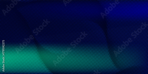 halftone with blue-green gradation, abstract background pattern, neon light reflecting walls and floors, dark colors, and feel the speed of digital technology connected with blue-green background.