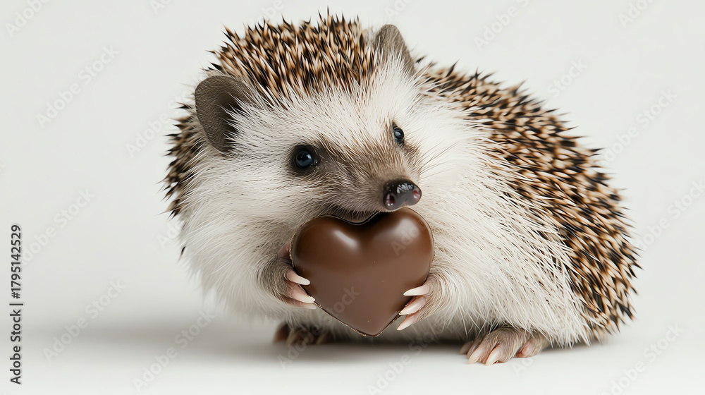 Obraz premium Hedgehog offering heartshaped chocolate, white background