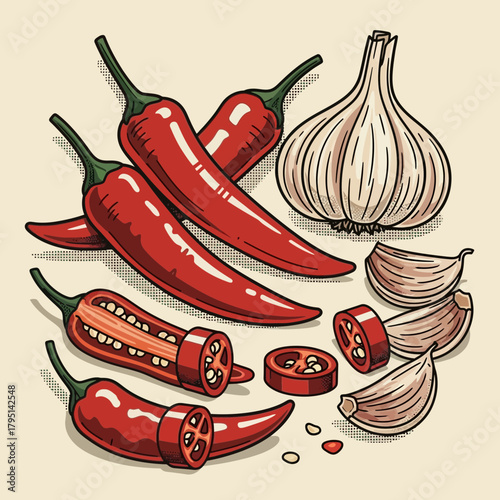 Artistic Representation of Red Chili Peppers and Garlic Still Life Design