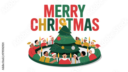 Holiday Greetings: A heartwarming illustration of a festive holiday scene with the words Merry Christmas as a vibrant central element. People surround Christmas tree in celebration.