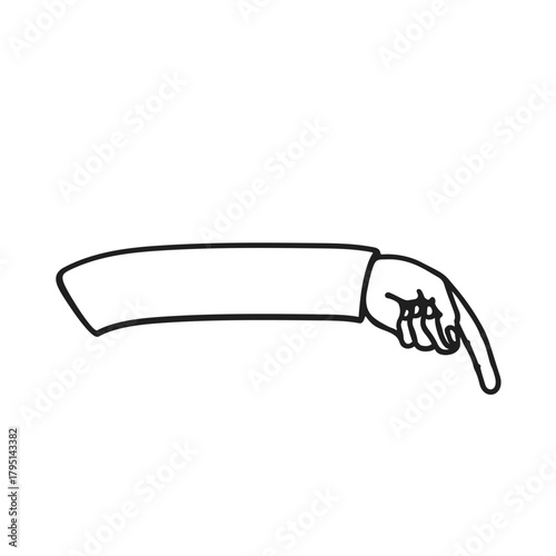 Black outline doodle of an arm with the index finger pointing sharply down—ideal for call-to-action, navigation, or highlighting content in scalable vector format.