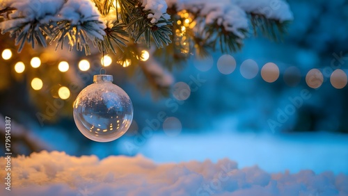 Celebrate the magic of winter with a stunning clear Christmas ornament hanging from a snow-covered pine branch glowing with festive lights at twilight