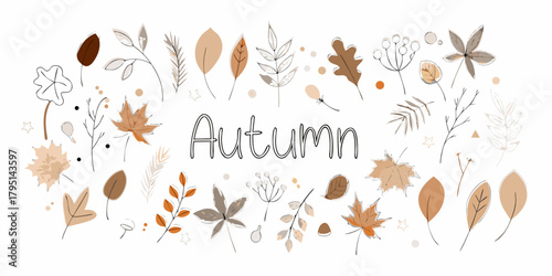 Hand drawn autumn leaves and branches in warm neutral colors with the word autumn