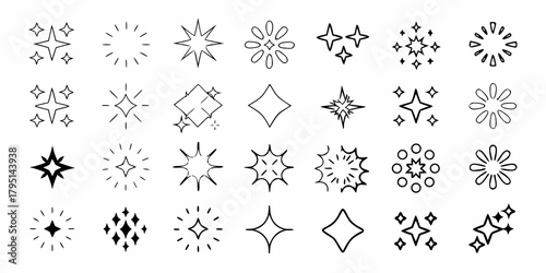 Collection of hand drawn starburst sparkle and shine icons and symbols