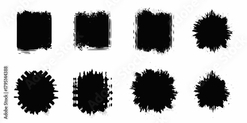 Collection of eight black grunge textured frames and abstract shapes with distressed edges on a white background