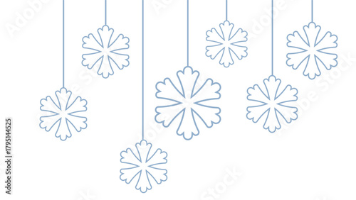 Minimalist winter graphic featuring seven stylized pale blue snowflakes hanging at various lengths by thin lines against a clean white background. Simple and elegant design for Christmas, New Year, or