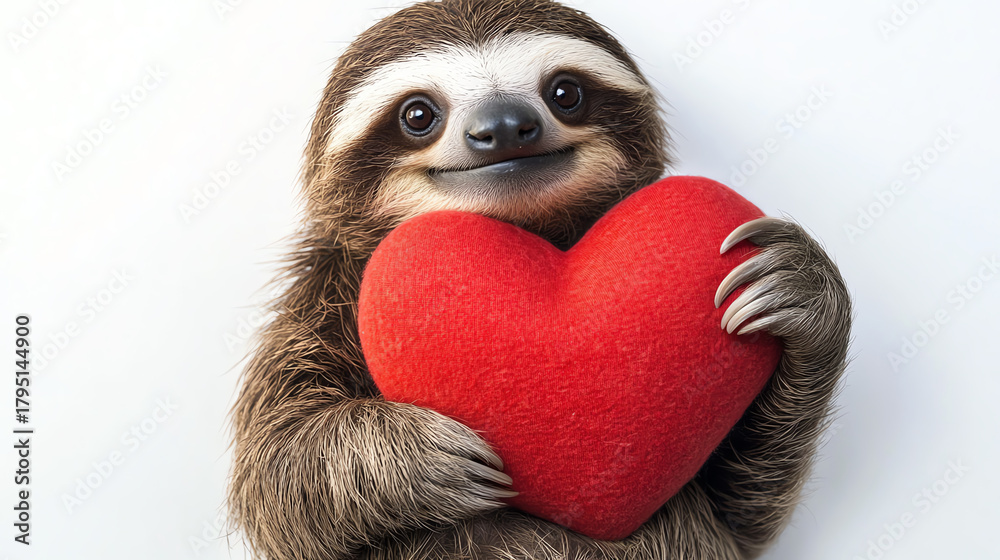 Fototapeta premium Sloth hugging big heart, smiling, white background