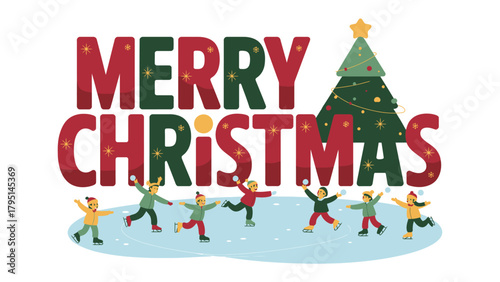 Christmas Frolic: A whimsical illustration captures a festive Christmas scene, children playing with snowballs near a decorated Christmas tree with the message Merry Christmas.