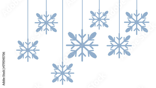 Minimalist winter graphic featuring seven stylized pale blue snowflakes hanging at various lengths by thin lines against a clean white background. Simple and elegant design for Christmas, New Year, or