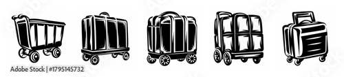 Collection of five vintage luggage carts and trolleys rendered in a sketchy hand-drawn style for travel and transport themes