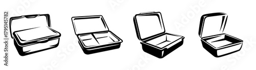 Collection of four open lunch boxes showing different compartments and designs for food storage and organization