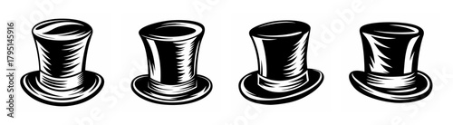 Four distinctive top hats in sketchy style perfect for magic shows and formal events