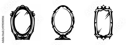 Three ornate vintage mirrors including oval tabletop and tall rectangle styles