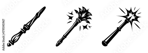 Three enchanting magic wands collection symbolizing fantasy enchantment and mystical power