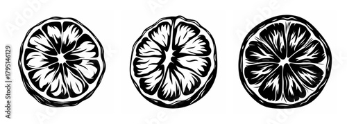 Three detailed slices of ripe mandarin oranges displaying juicy segments and texture