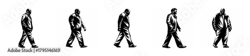 Collection of five silhouetted figures walking in succession displaying motion and progression