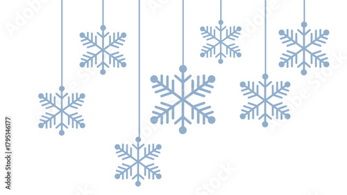 Minimalist winter graphic featuring seven stylized pale blue snowflakes hanging at various lengths by thin lines against a clean white background. Simple and elegant design for Christmas, New Year, or