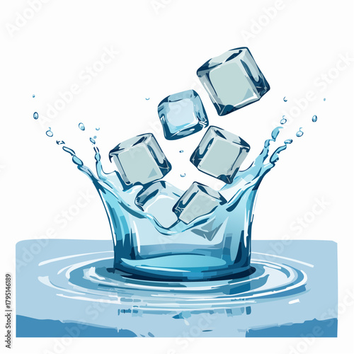 Clear ice cubes splashing into a glass of cool water creating refreshing ripples and droplets on a light blue background with dynamic motion and high detail