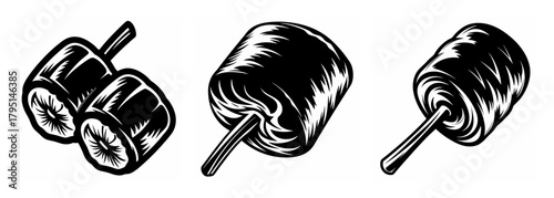 Three classic marshmallows on sticks displayed in an artistic sketch style