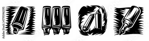 Graphic icons of markers and spray cans in a woodcut style artistic composition perfect for design projects