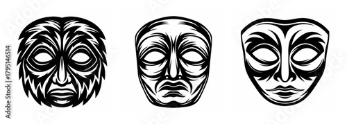 Three stylized tribal masks featuring unique facial expressions and detailed line art designs