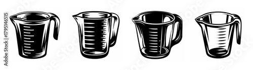 Four measuring cups with graduated markings detailed sketch for cooking baking recipes and kitchen measurements