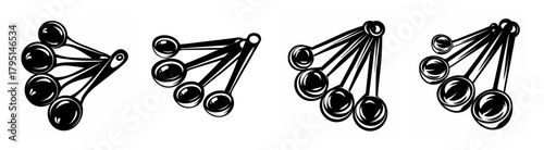 Four sets of measuring spoons grouped together showing different angles and sizes for cooking and baking
