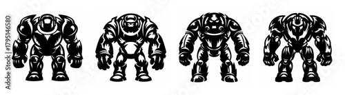Four imposing mecha robots in a row showing a front view of their powerful armored robot designs