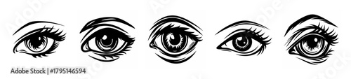 Five expressive human eyes in black and white sketches showing different perspectives and emotions