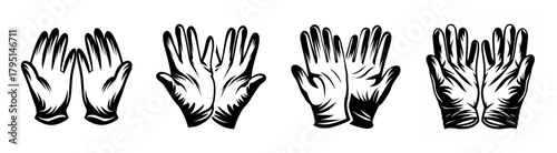 Four medical glove hand poses for healthcare and safety demonstrations and designs