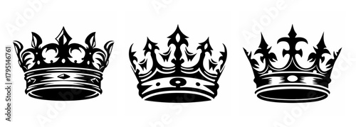 Three royal ornate crowns emblematic of nobility power prestige and sovereign authority designs