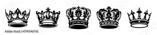 Five detailed black and white royal crowns arranged in a row medieval royalty symbol