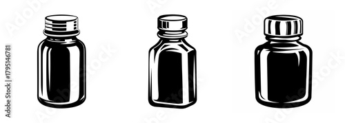 Three classic small medicine bottles with caps for prescription drugs or liquid supplements