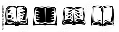 Four open books icons showing different page styles and contents representing knowledge and information