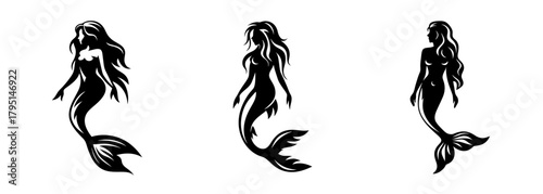 Mysterious siren silhouettes three enchanting mermaids ascending from the depths magical ocean fantasy art