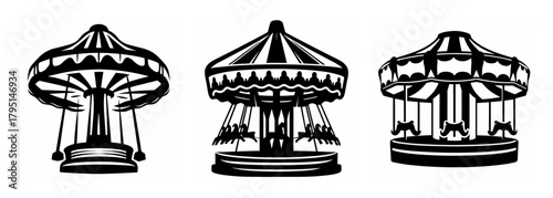 Three ornate carousel attractions featuring striped canopies and detailed column structures