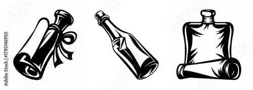 Vintage message in a bottle icons featuring scrolls and ribbon designs