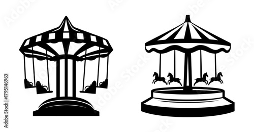 Classic merry go round carousel rides fairground amusement park attraction graphics simple line art