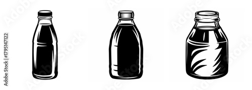 Three vintage glass bottles showcasing distinct shapes and fill levels for beverages or dairy