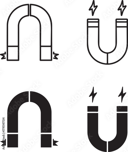 Four horseshoe magnet icons illustrating magnetic force and attraction in different styles