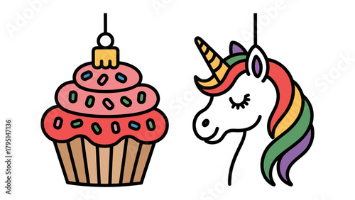 Festive Delights: An appealing illustrated display that captures the spirit of whimsical celebration with a cupcake alongside an adorable unicorn.