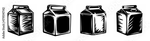 Four black and white sketch drawings of milk cartons in a row facing forward