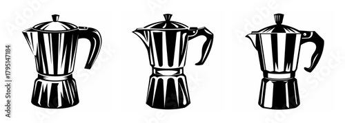Three vintage style moka pots arranged side-by-side for espresso coffee brewing