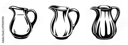 Three pitchers of various sizes shown side by side on a